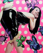 Artistic depiction of a person with black hair and a black jacket on a pink polka dot background with colorful butterflies.