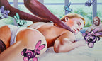 Artistic depiction of a woman lying on a bed with animated elements and a man in the background.