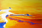 Abstract painting with warm colors and a blue airplane.