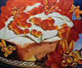Decorative cake with red berries and white cream on a colorful background