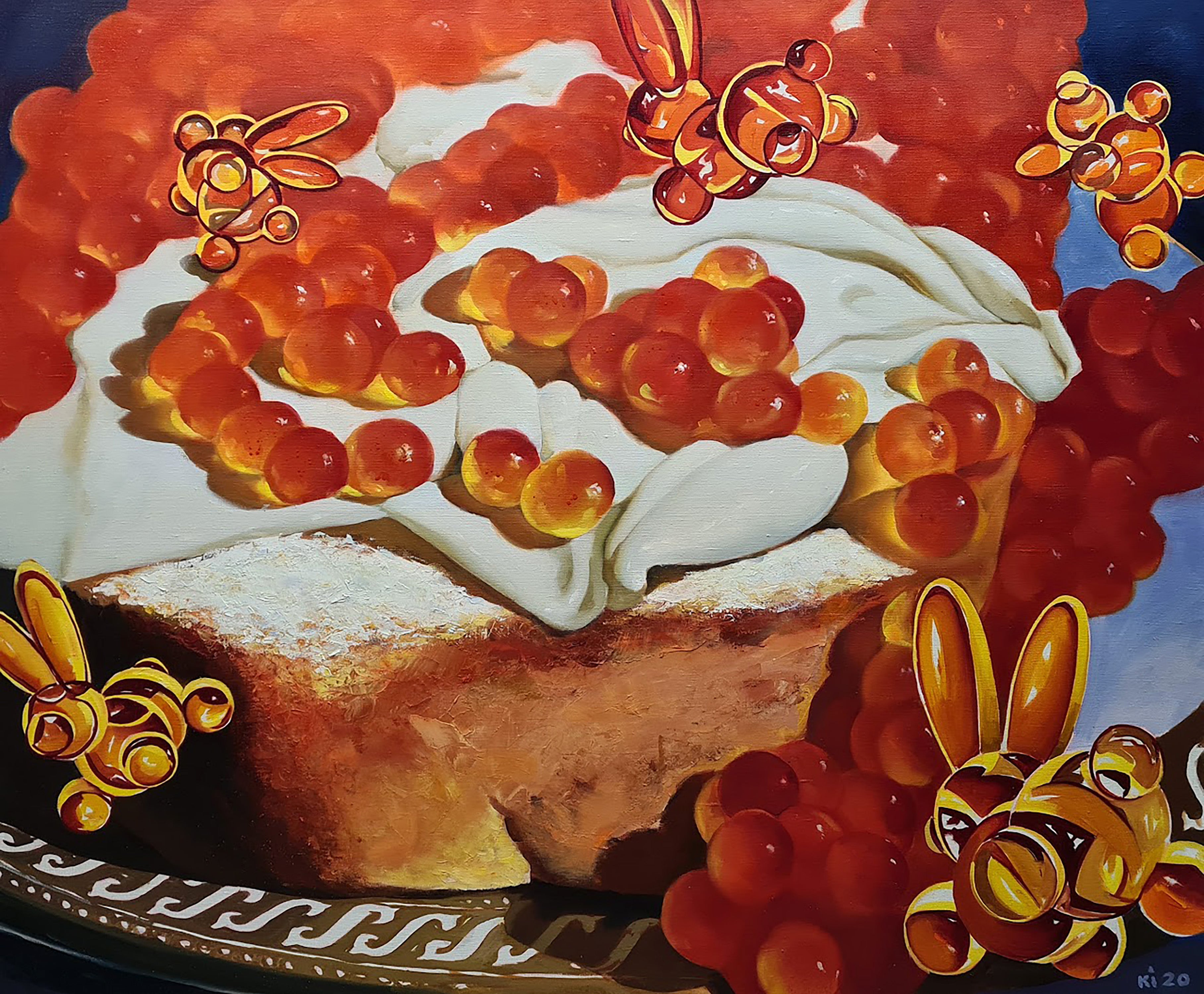 Decorative cake with red berries and white cream on a colorful background
