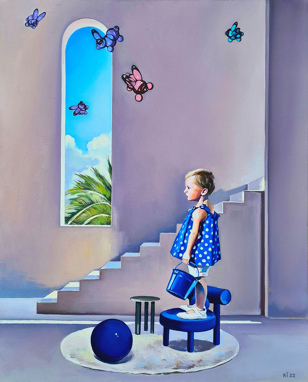 Child in a polka dot dress standing on a stool near a window with butterflies and a blue ball on the floor.