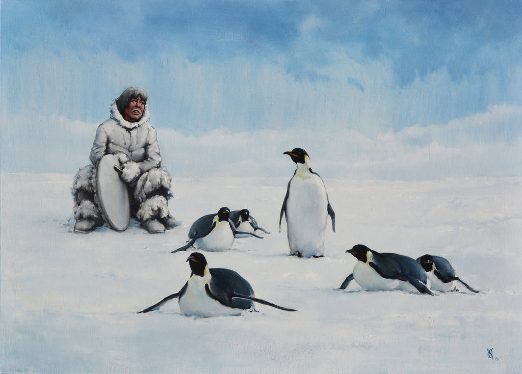 Person in snowy landscape with penguins