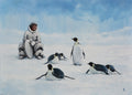 Person in snowy landscape with penguins