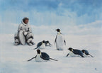 Person in snowy landscape with penguins