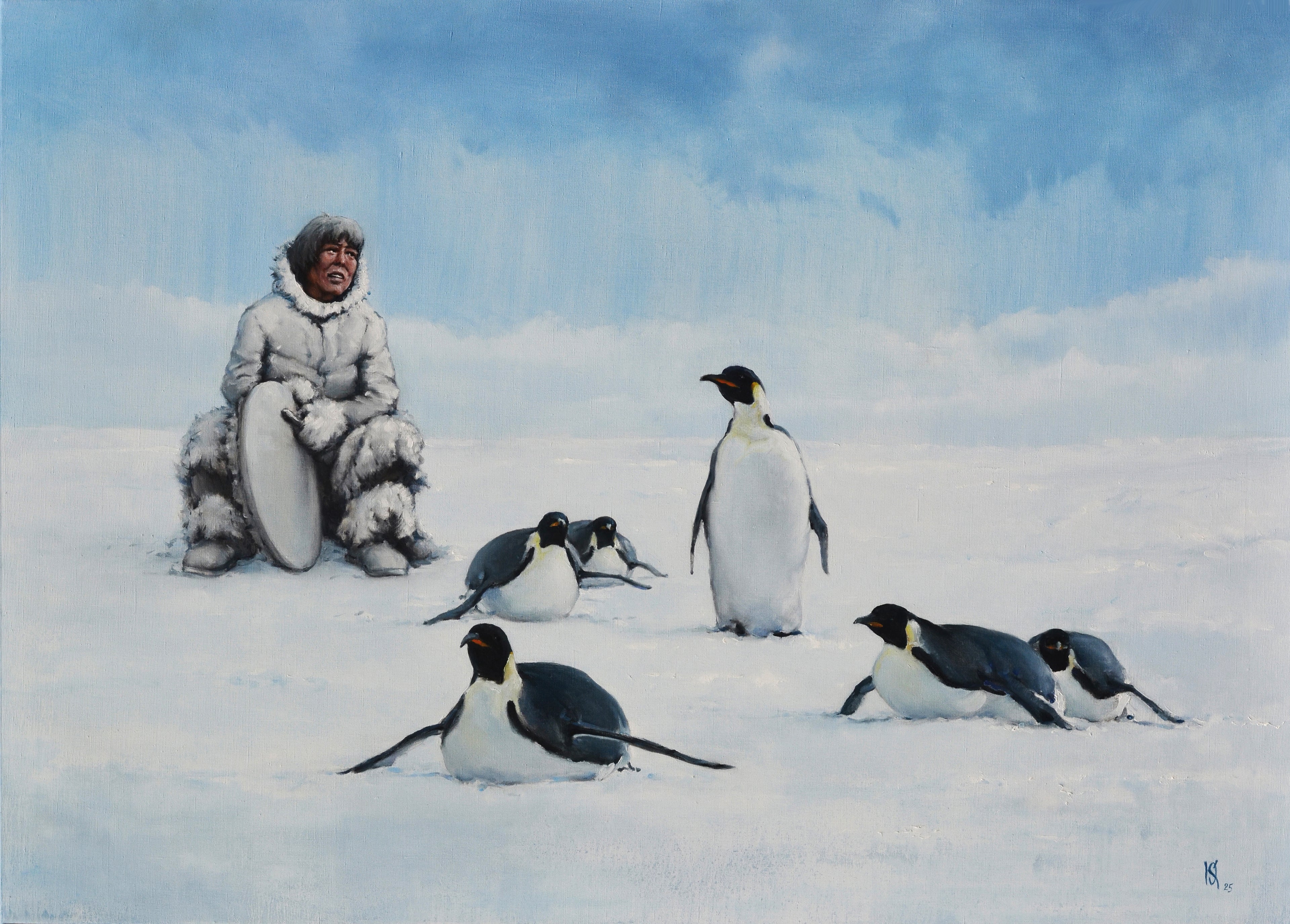 Person in snowy landscape with penguins