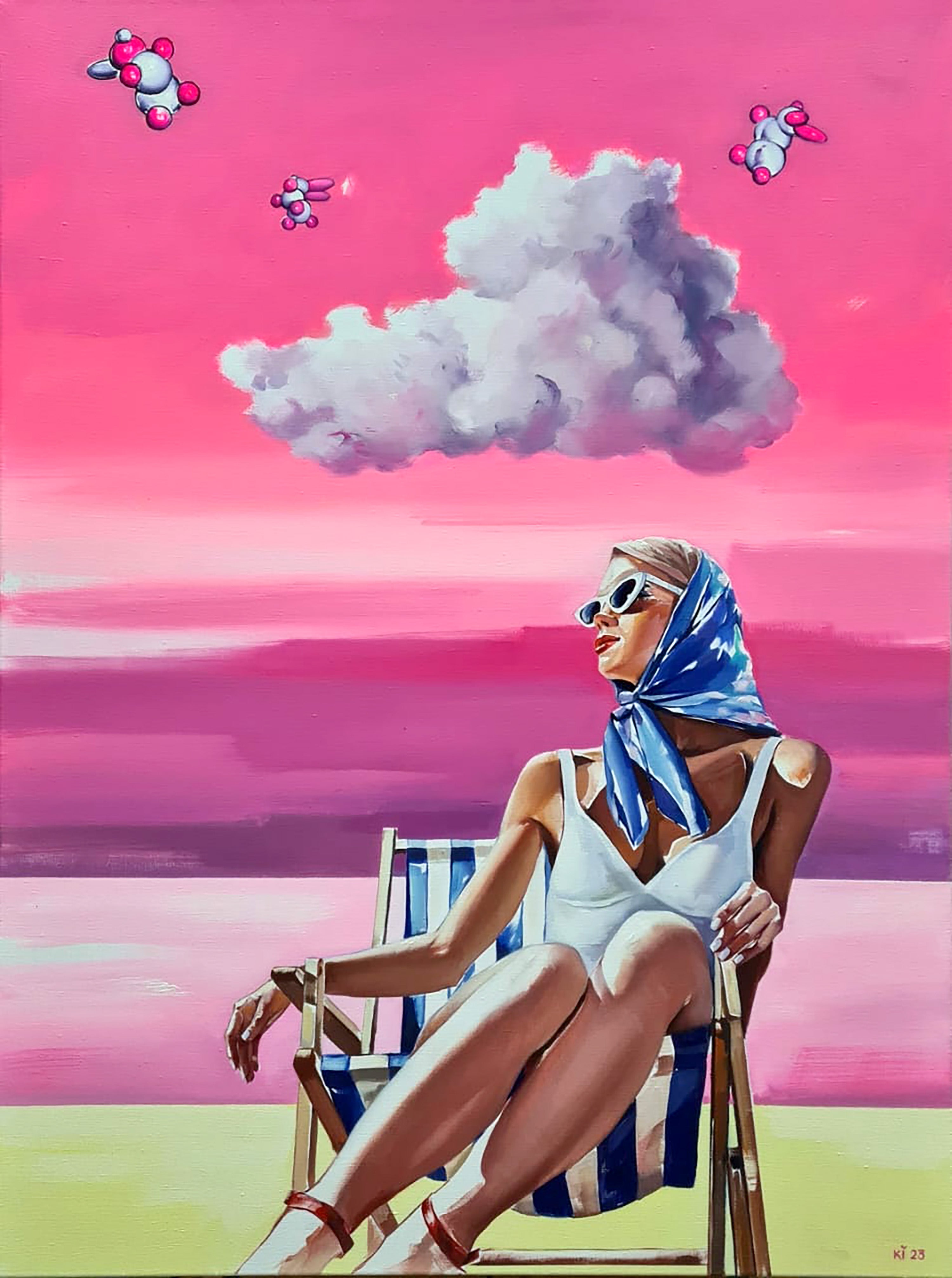 Woman in a white swimsuit and sunglasses sitting on a beach chair with a pink sky and cloud.