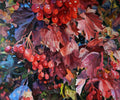 Colorful painting of red berries and pink flowers