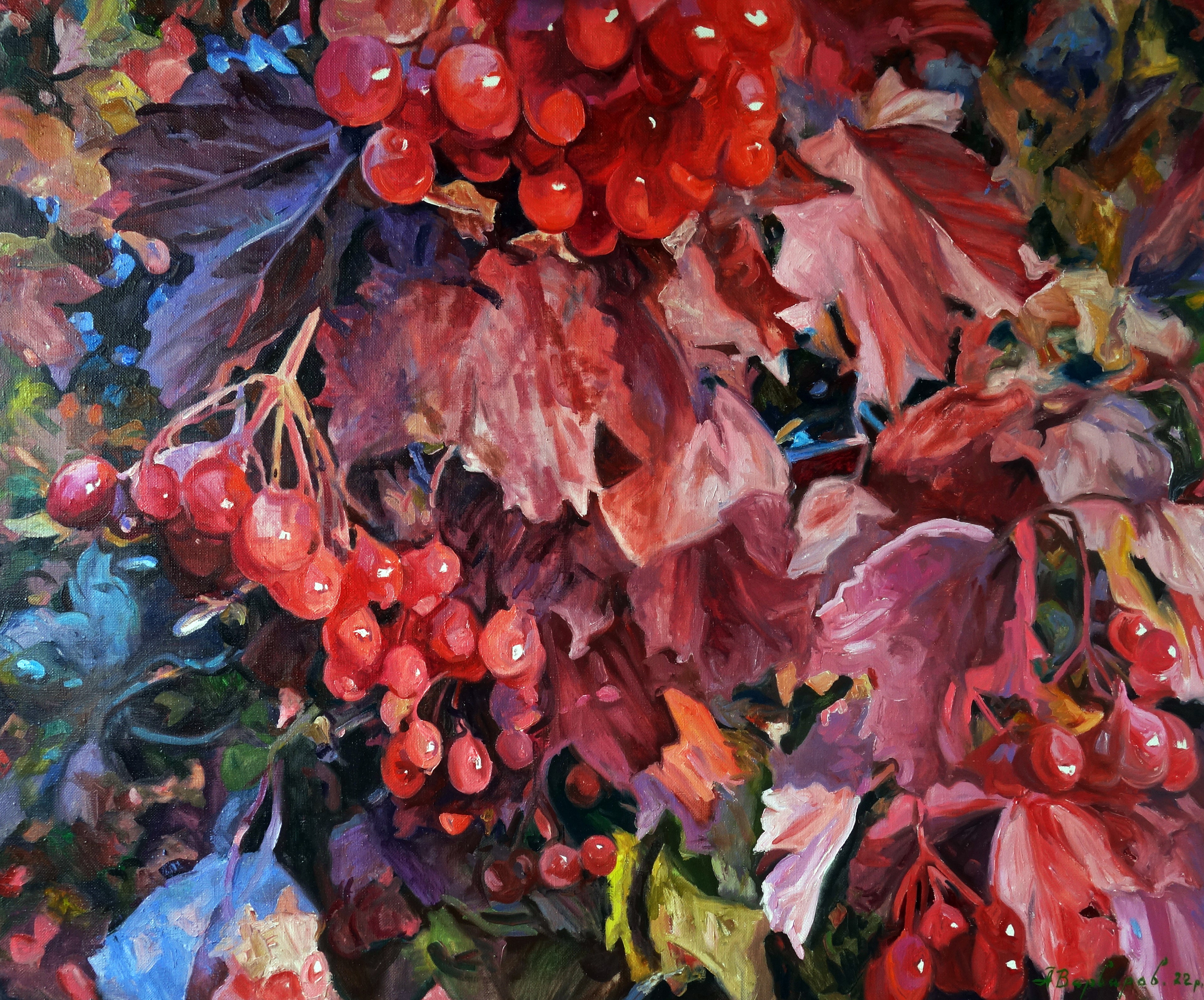 Colorful painting of red berries and pink flowers