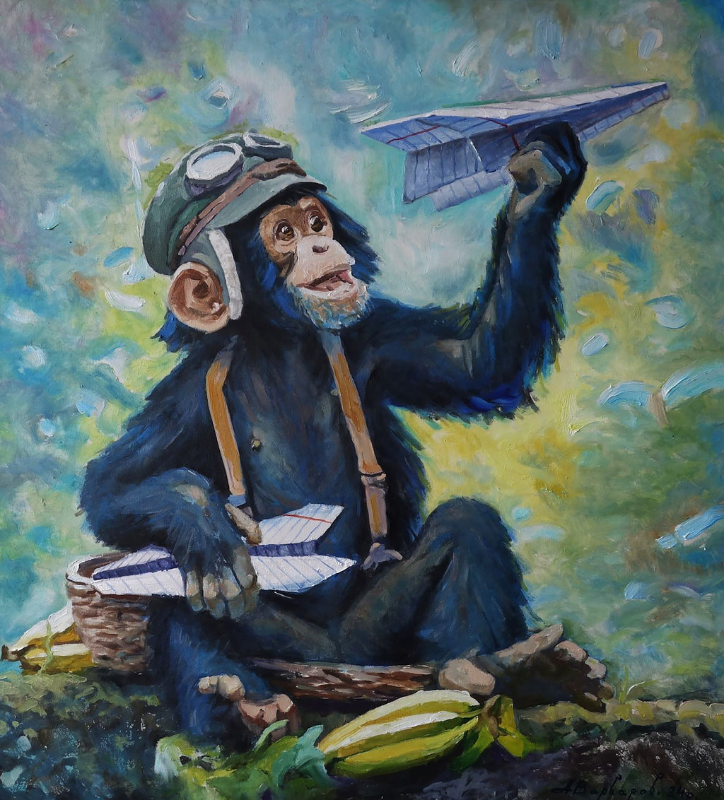 Painting of a monkey with a helmet and goggles holding a paper airplane, sitting on a log in a forest.