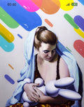 Woman holding a balloon animal against a colorful abstract background
