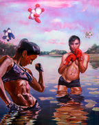 Two people in a body of water with colorful balloons and a scenic background