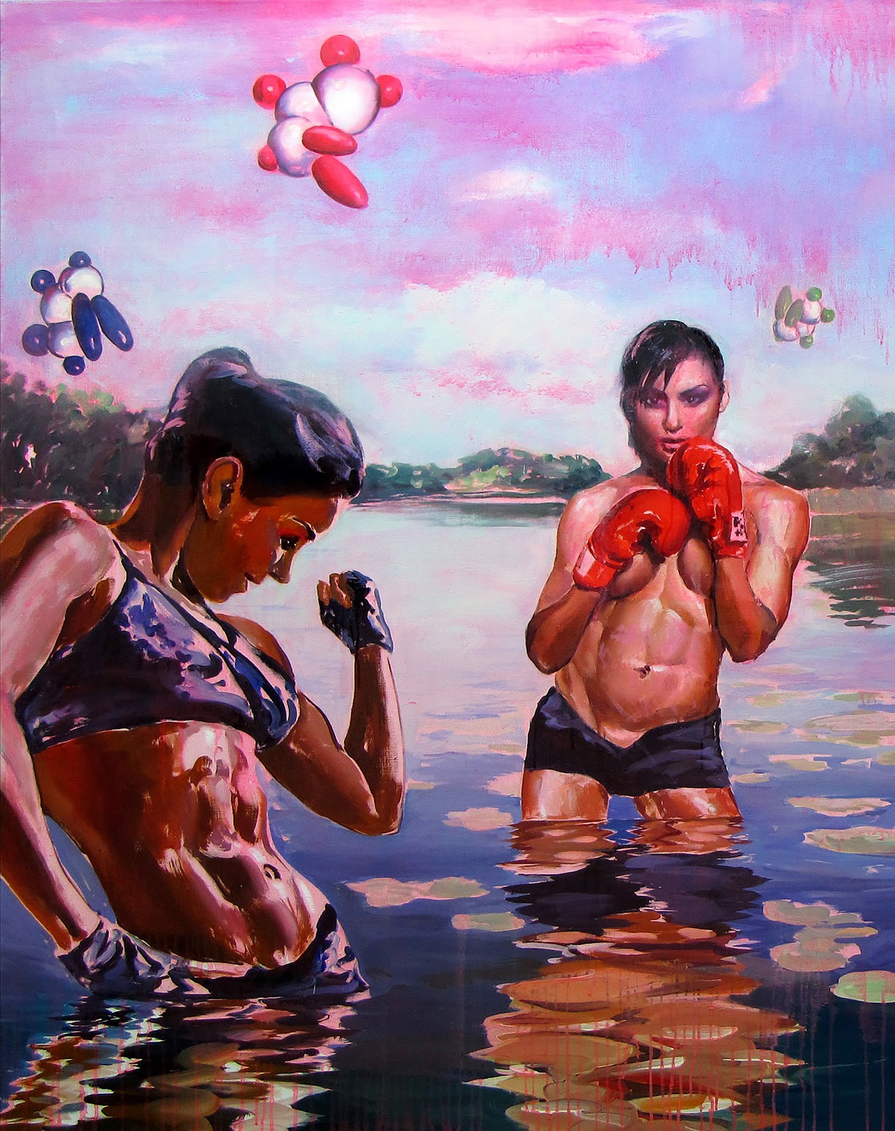 Two people in a body of water with colorful balloons and a scenic background