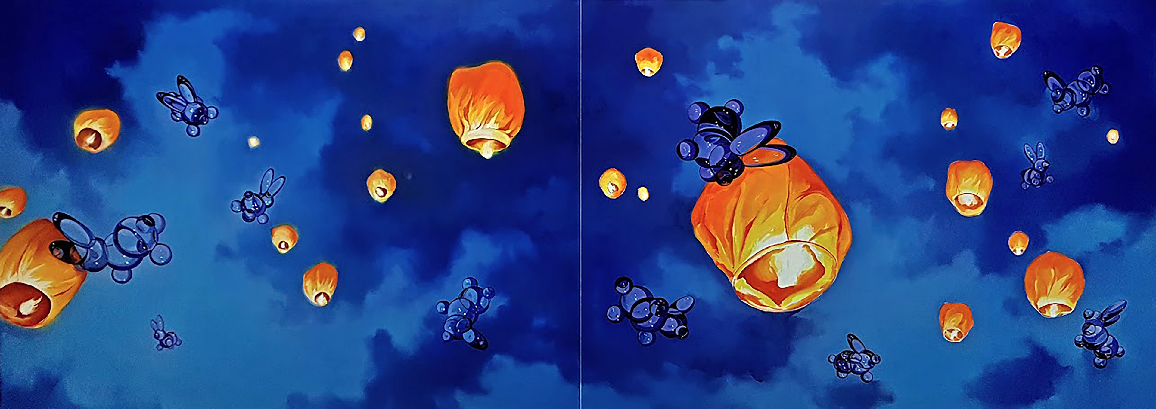 Two panels showing lanterns and bats in a night sky with a blue background.