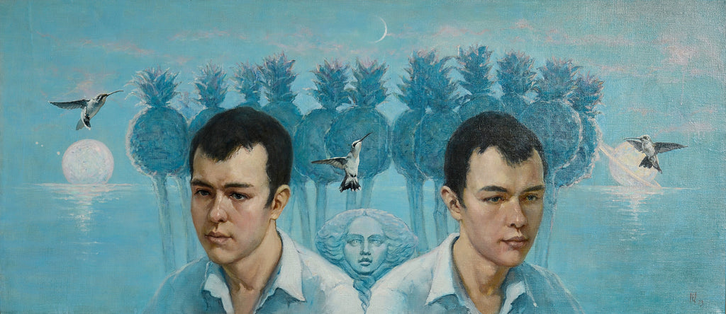 Two portraits of a man with a stylized background featuring trees, birds, and a moon.