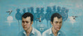Two portraits of a man with a stylized background featuring trees, birds, and a moon.