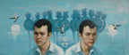 Two portraits of a man with a stylized background featuring trees, birds, and a moon.