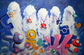 Colorful abstract artwork with cartoon-like characters and text on a blue background