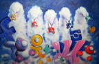 Colorful abstract artwork with cartoon-like characters and text on a blue background