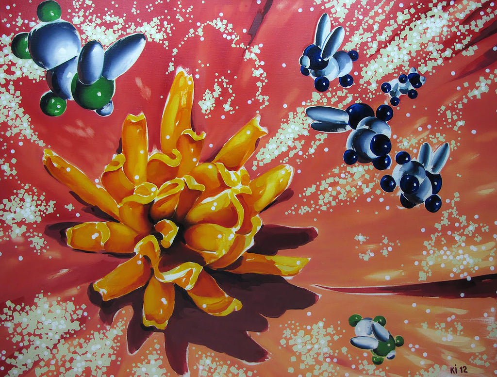 Artistic depiction of a yellow flower-like structure with blue and green spherical objects on a red and orange background.