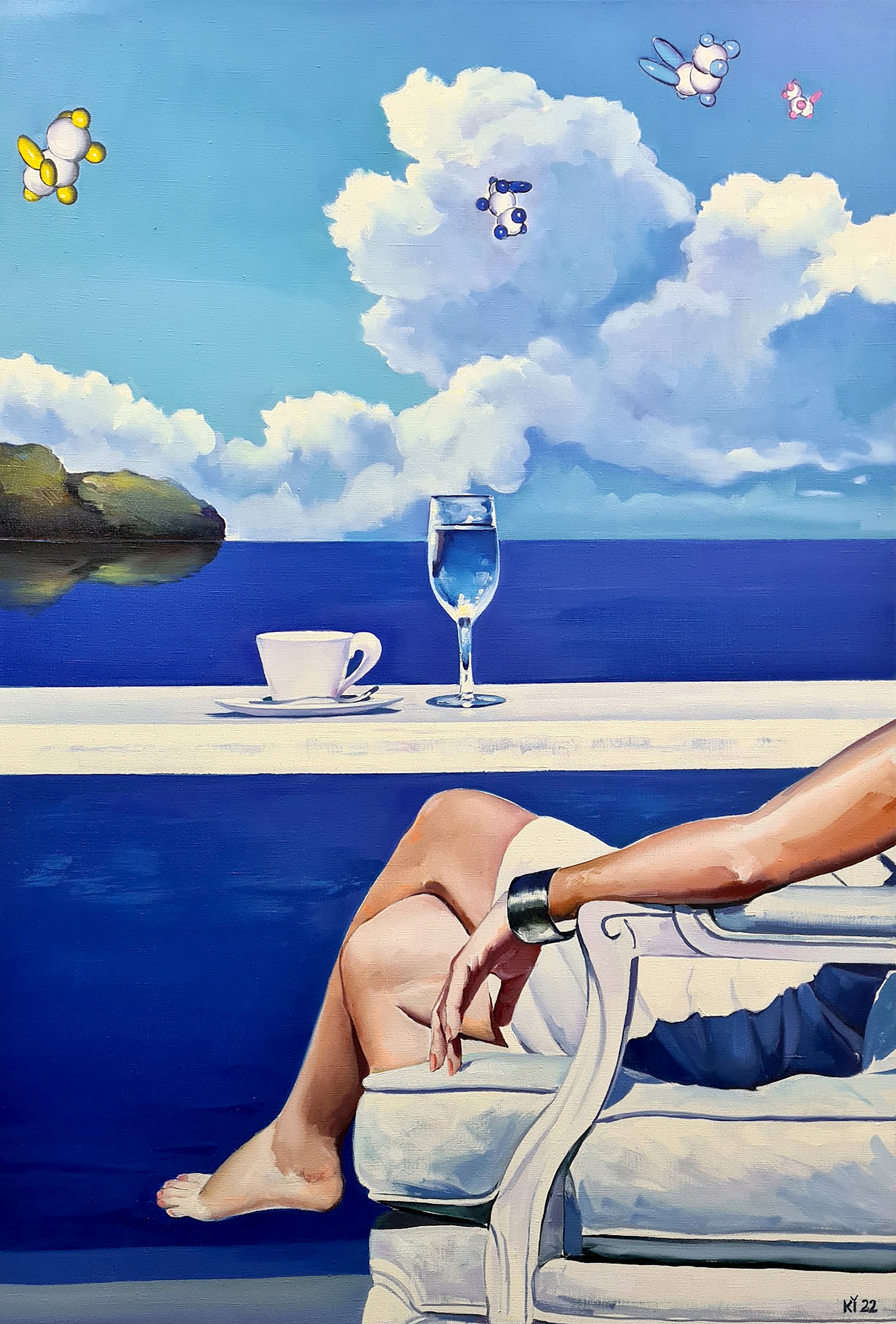 Surreal painting of a person sitting by a pool with a glass of water and a cup, with clouds and flowers in the sky.