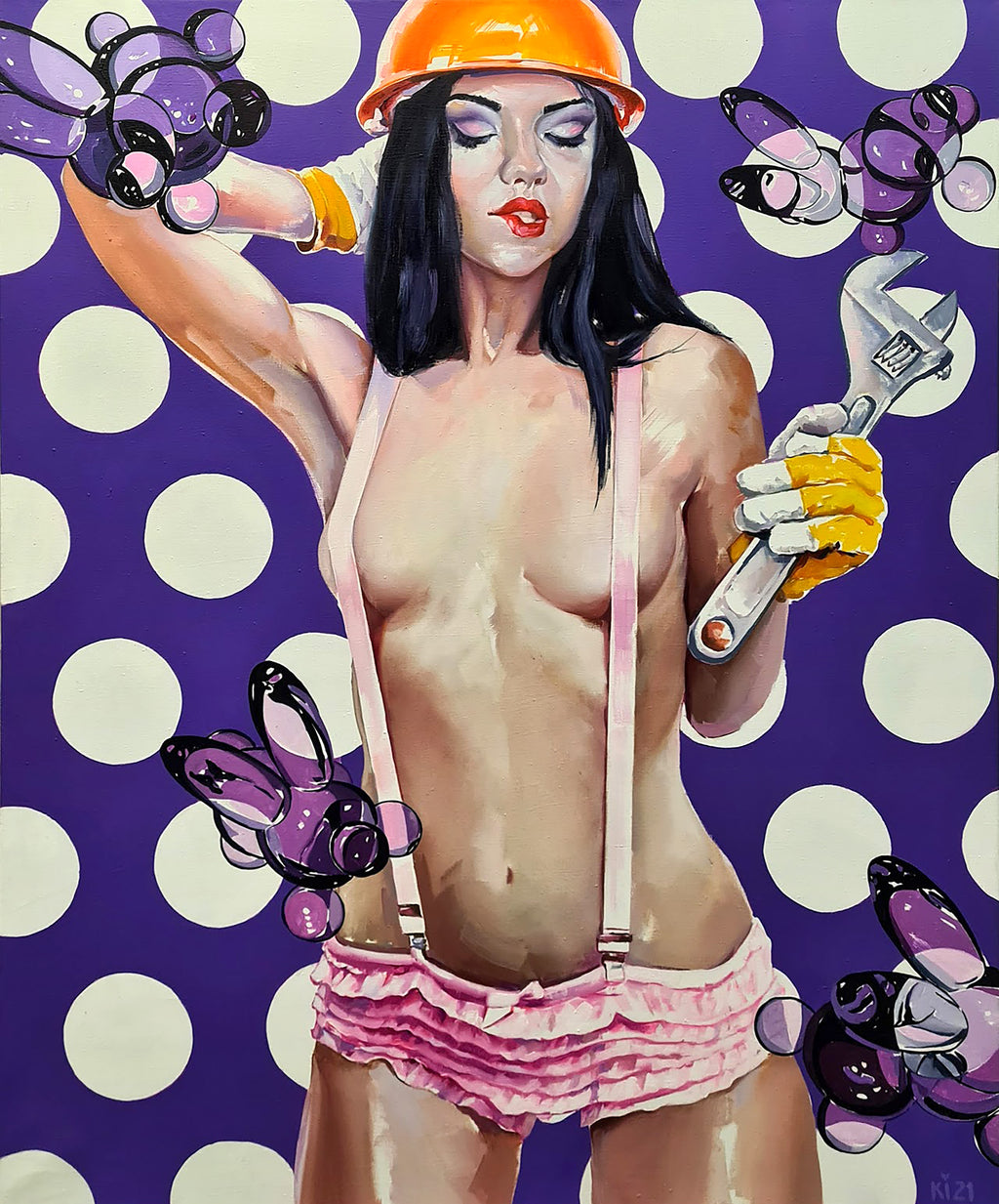 Woman in pink underwear and hard hat holding a wrench on a polka dot background