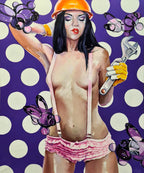 Woman in pink underwear and hard hat holding a wrench on a polka dot background