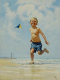 Painting of a young boy running on a beach with a kite in the sky.