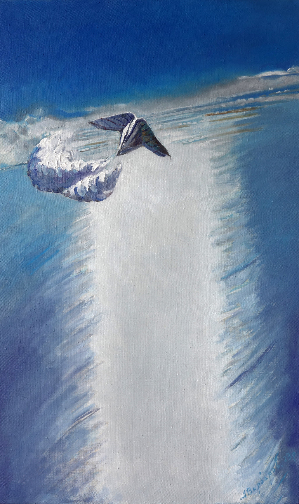 Whale tail emerging from water with blue and white colors