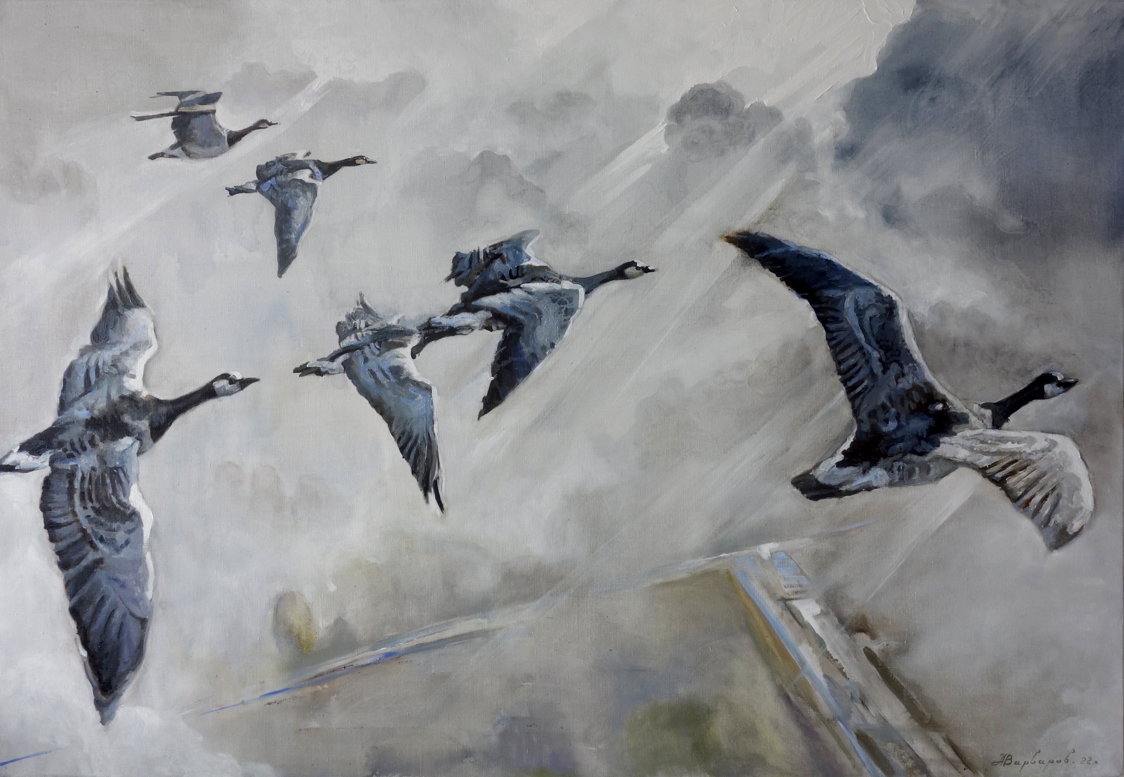 Painting of geese flying over a landscape with a bridge.