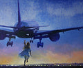 Artistic depiction of a woman reaching towards an airplane against a colorful sky.
