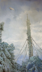 Painting of a snowy landscape with a tall structure and a bird flying in the sky.
