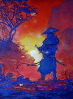 Blue figure with a hat holding a sword against a red and orange sky with a moon.