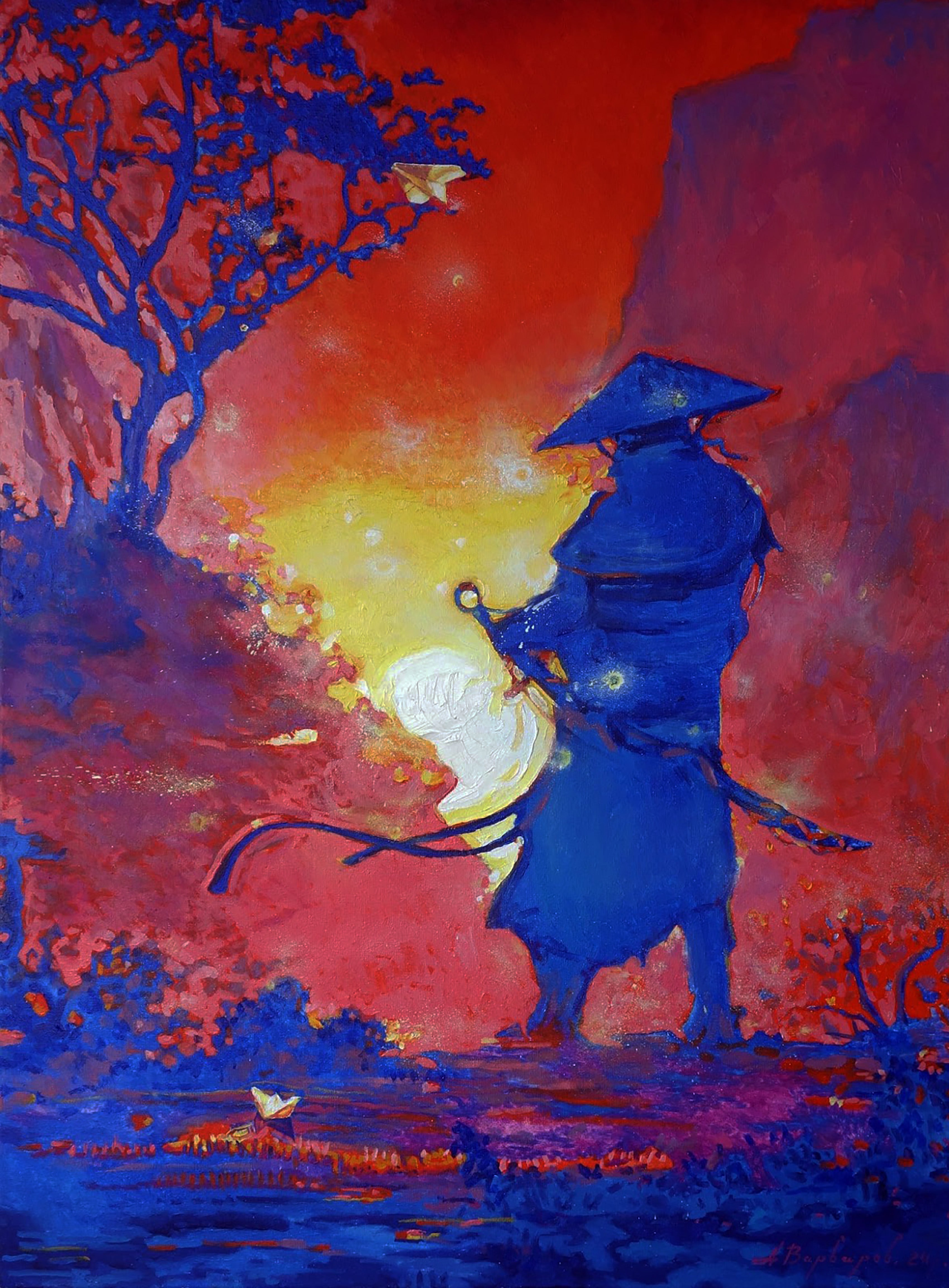 Blue figure with a hat holding a sword against a red and orange sky with a moon.