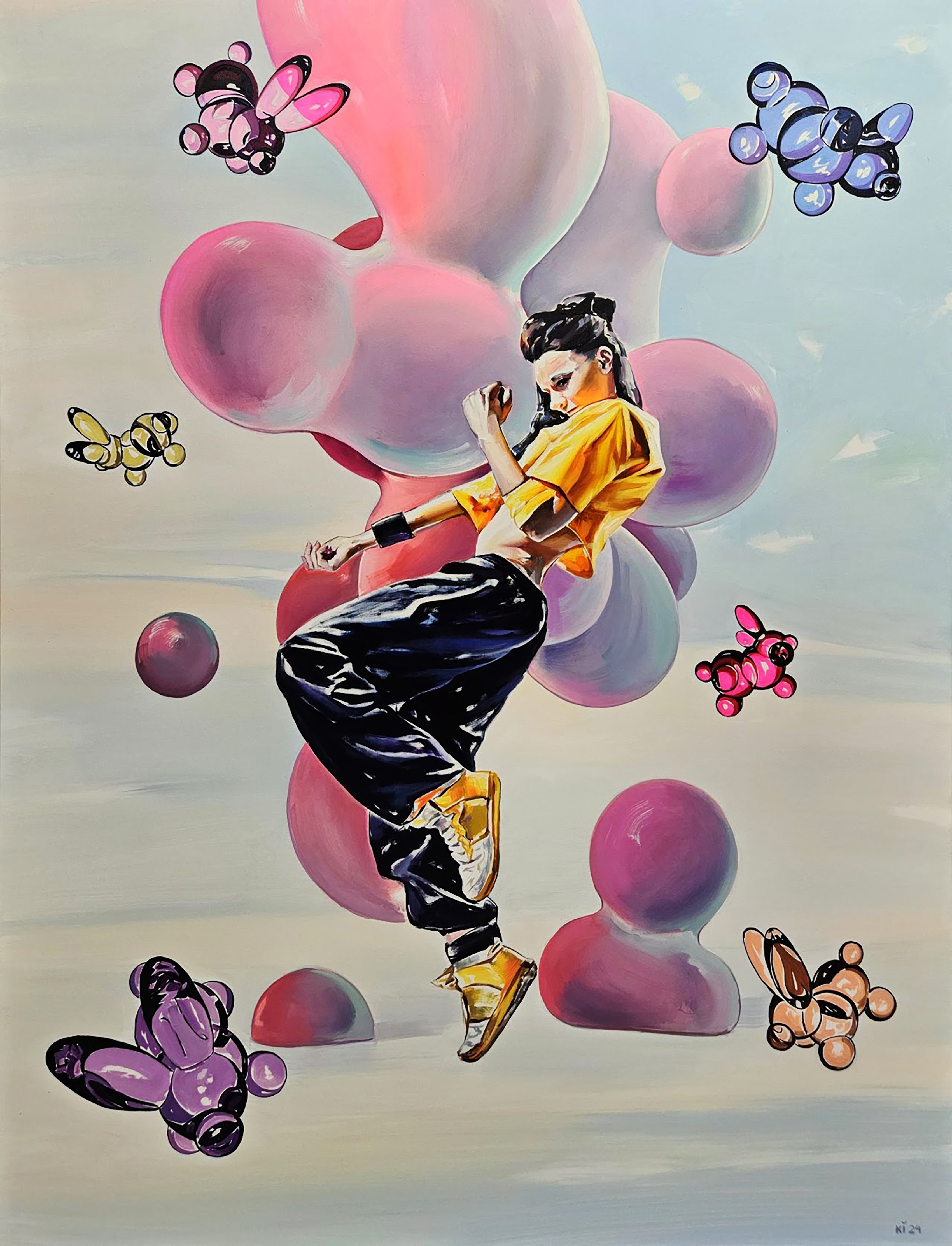 Surreal artwork with a person in a yellow top and black pants surrounded by pink and purple bubbles and butterflies.