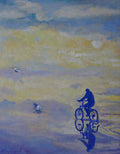 Artistic depiction of a cyclist and sailboats against a colorful sky with clouds.