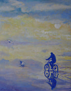 Artistic depiction of a cyclist and sailboats against a colorful sky with clouds.