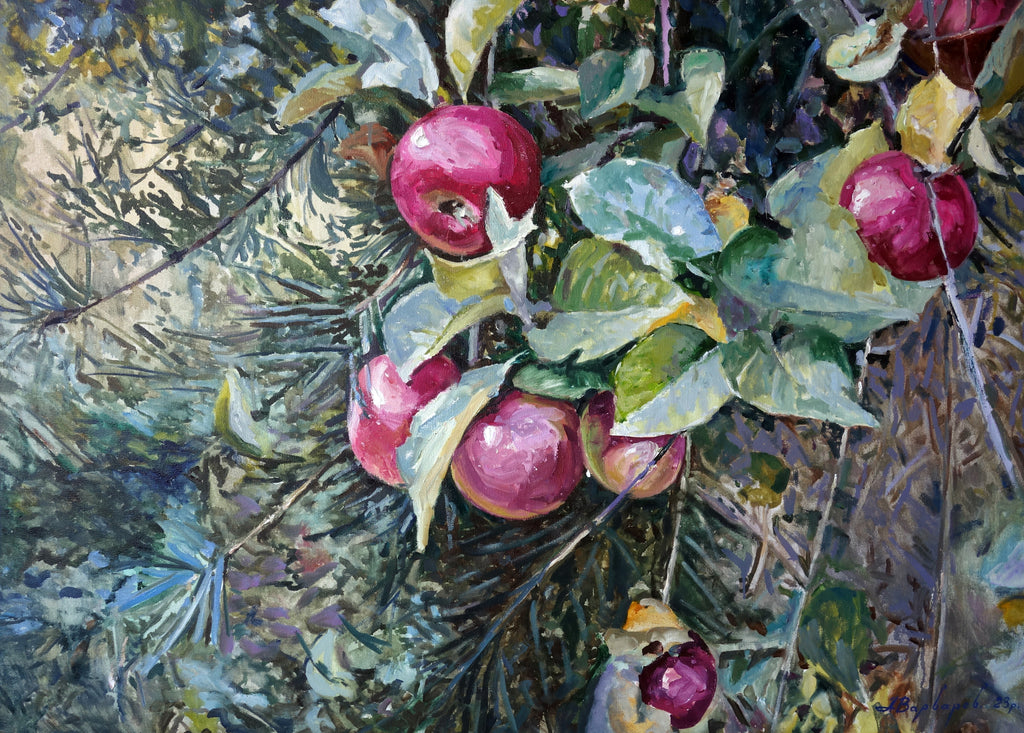 Artistic depiction of apples on a tree branch with leaves