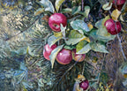 Artistic depiction of apples on a tree branch with leaves