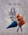 Child in orange raincoat with blue umbrella facing away from viewer, looking at three elephants in the sky.