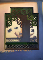 Decorative wall art with geometric patterns and butterfly silhouettes on a gradient background