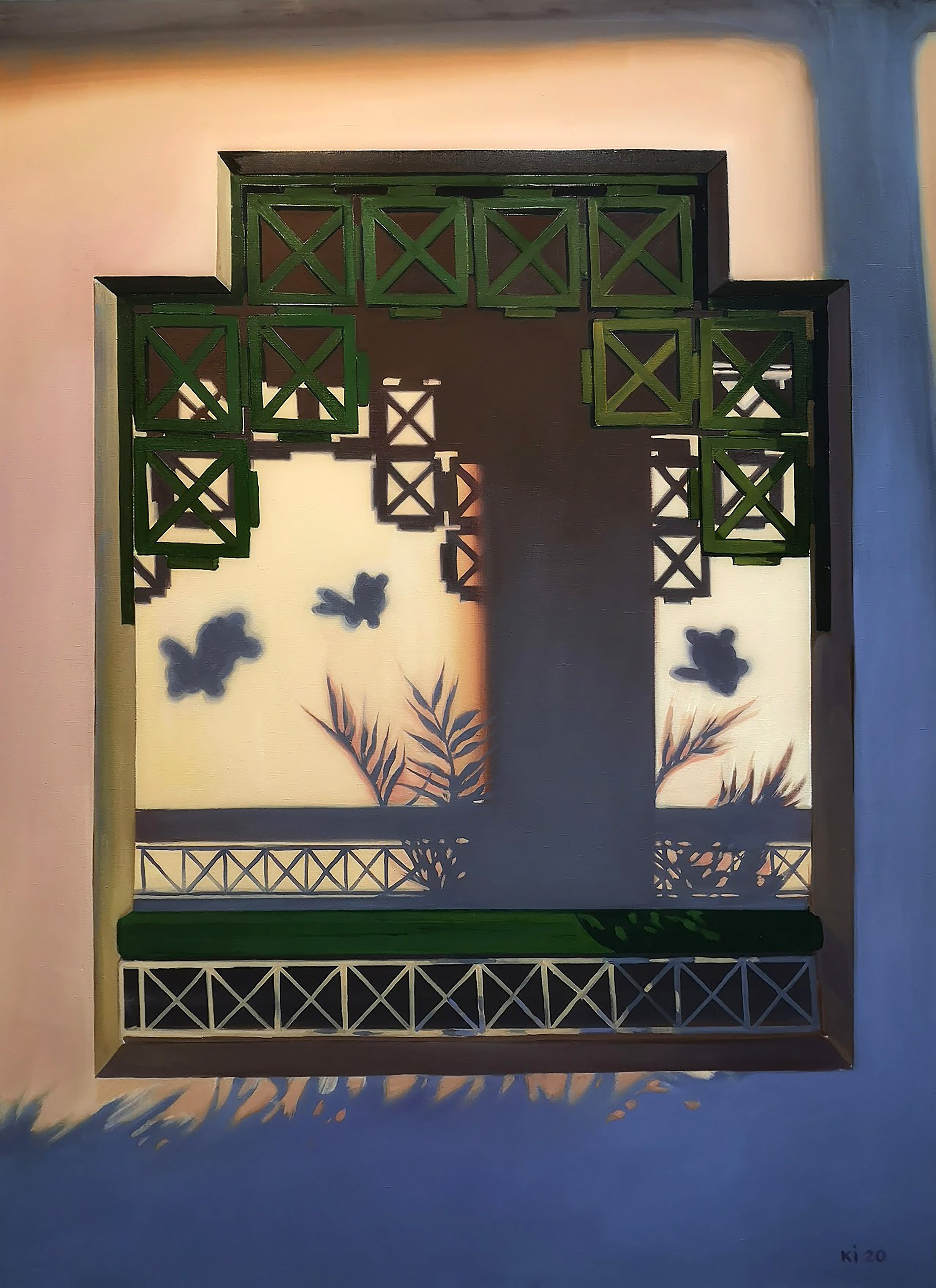 Decorative wall art with geometric patterns and butterfly silhouettes on a gradient background