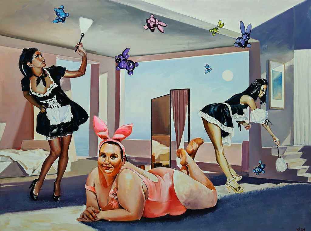 Surreal painting of a woman in a maid outfit interacting with another woman and butterflies in a room.