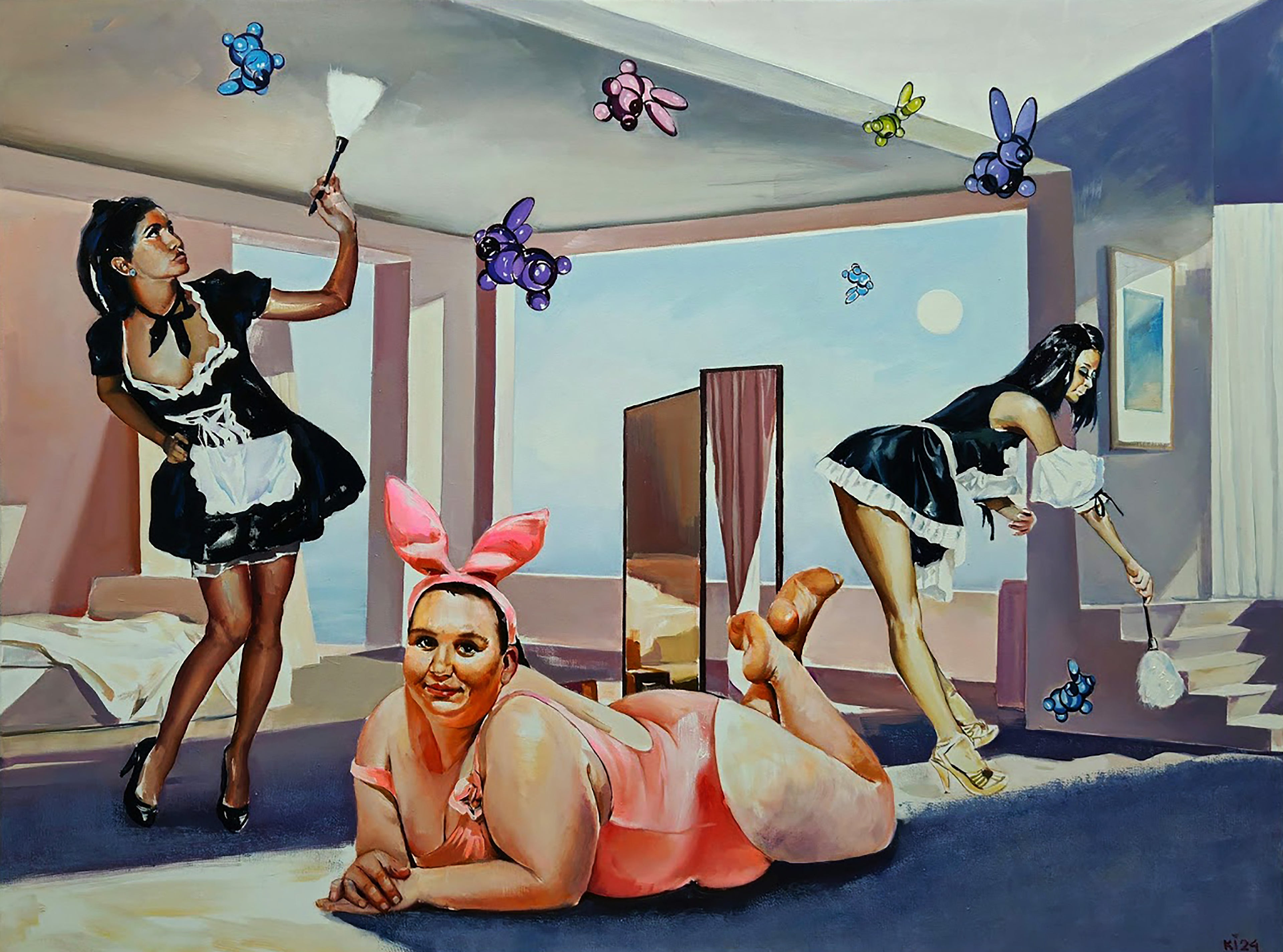 Surreal painting of a woman in a maid outfit interacting with another woman and butterflies in a room.