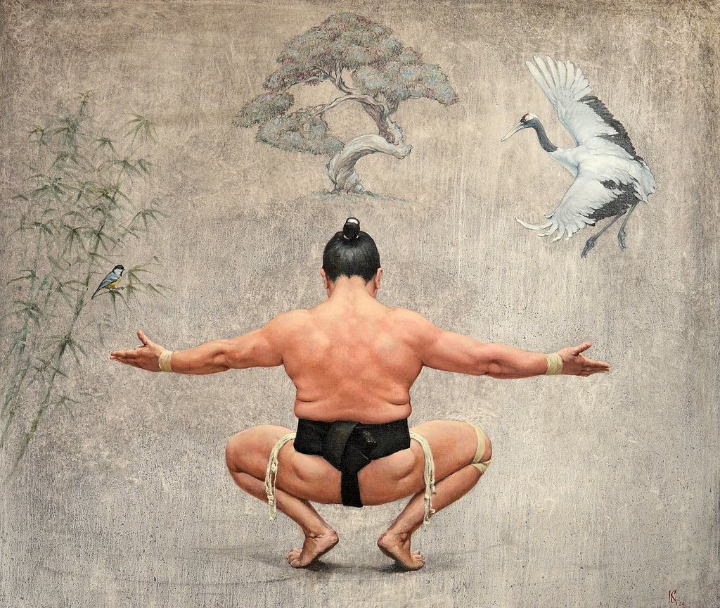 Man in traditional attire performing a yoga pose with a crane and bamboo in the background