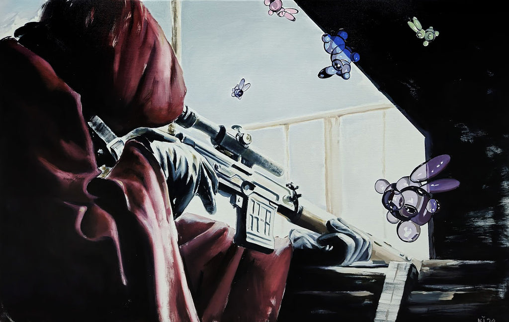 Person in a hooded cloak with a rifle, surrounded by colorful butterflies, in a dimly lit room.