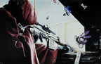 Person in a hooded cloak with a rifle, surrounded by colorful butterflies, in a dimly lit room.