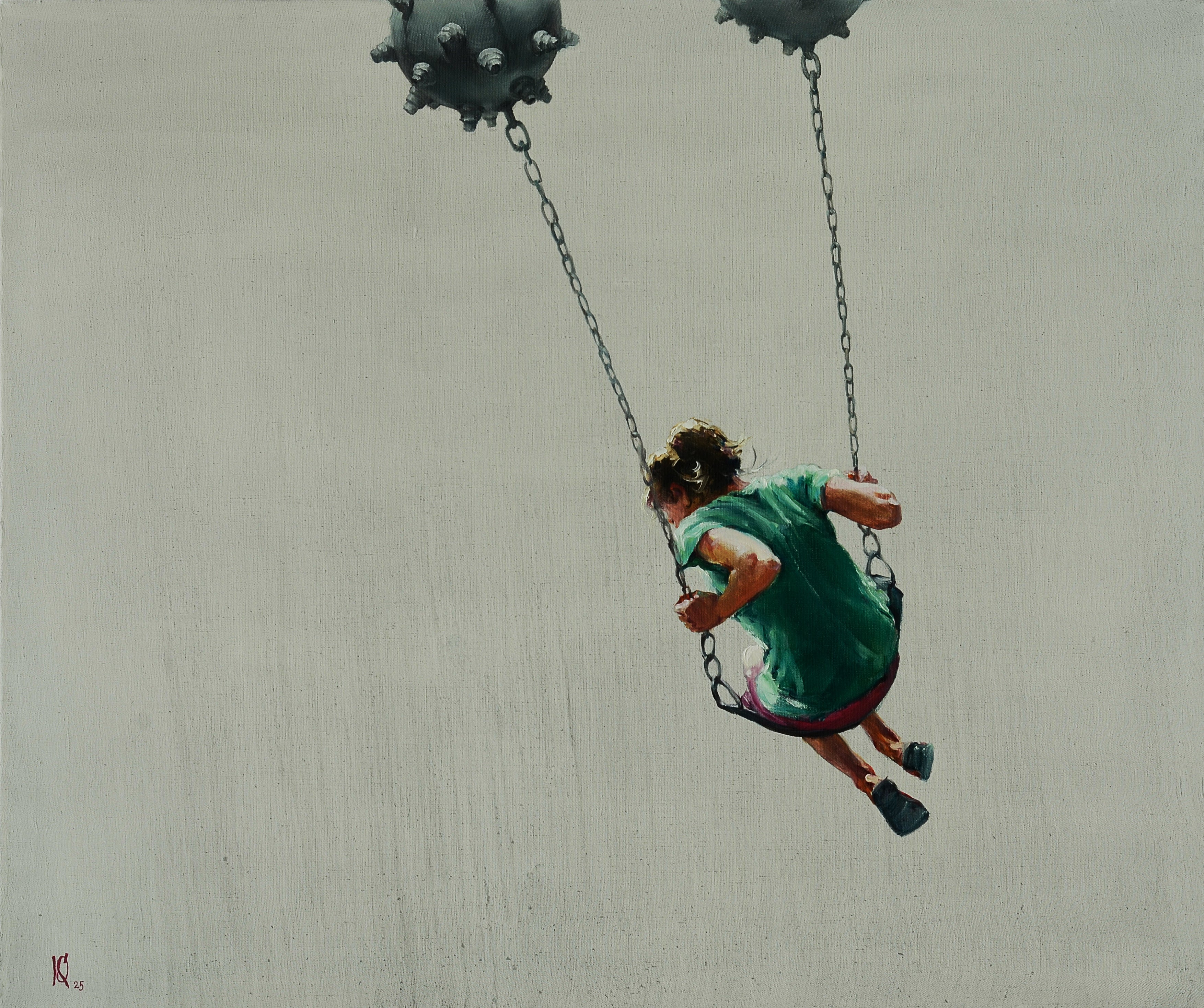 Person in a green dress swinging on a swing set against a plain background