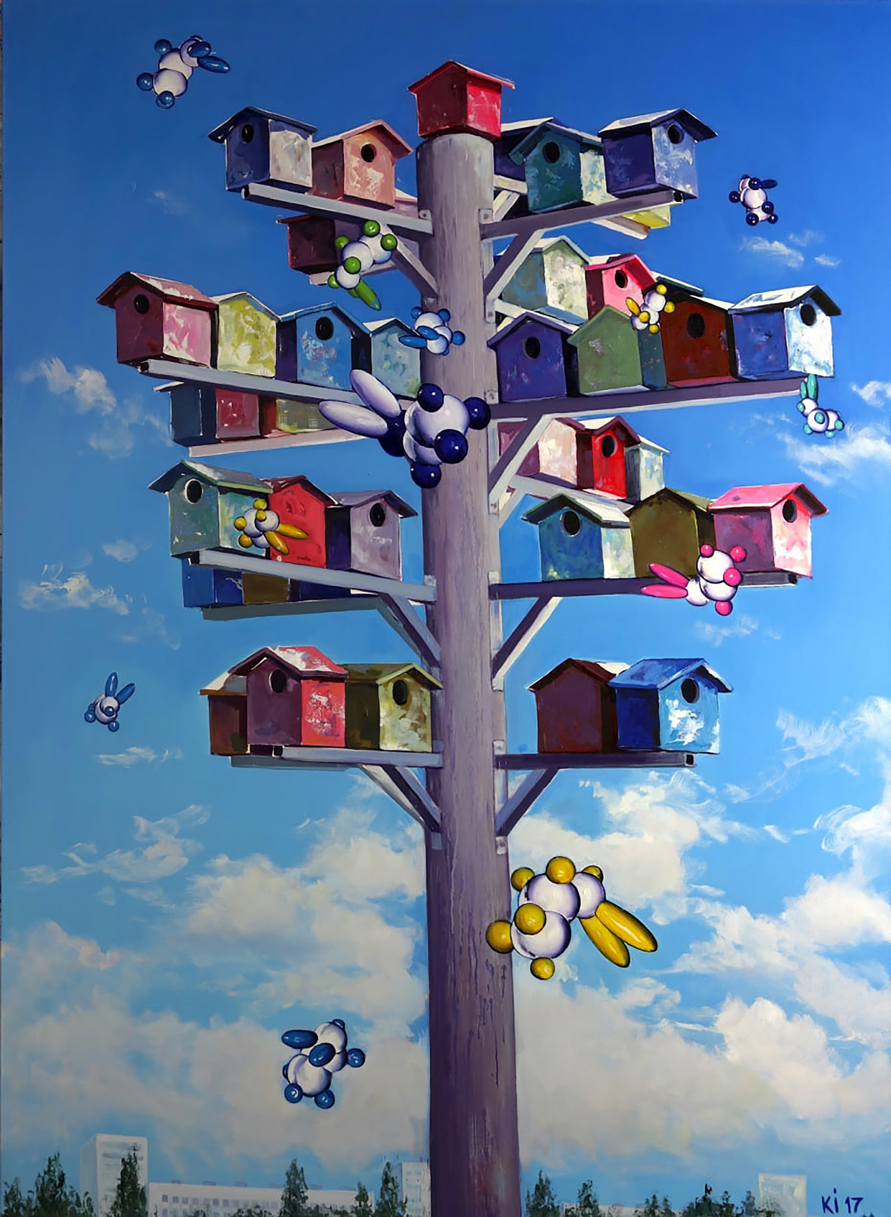 Colorful birdhouses on a tree with cartoonish animals around against a blue sky.