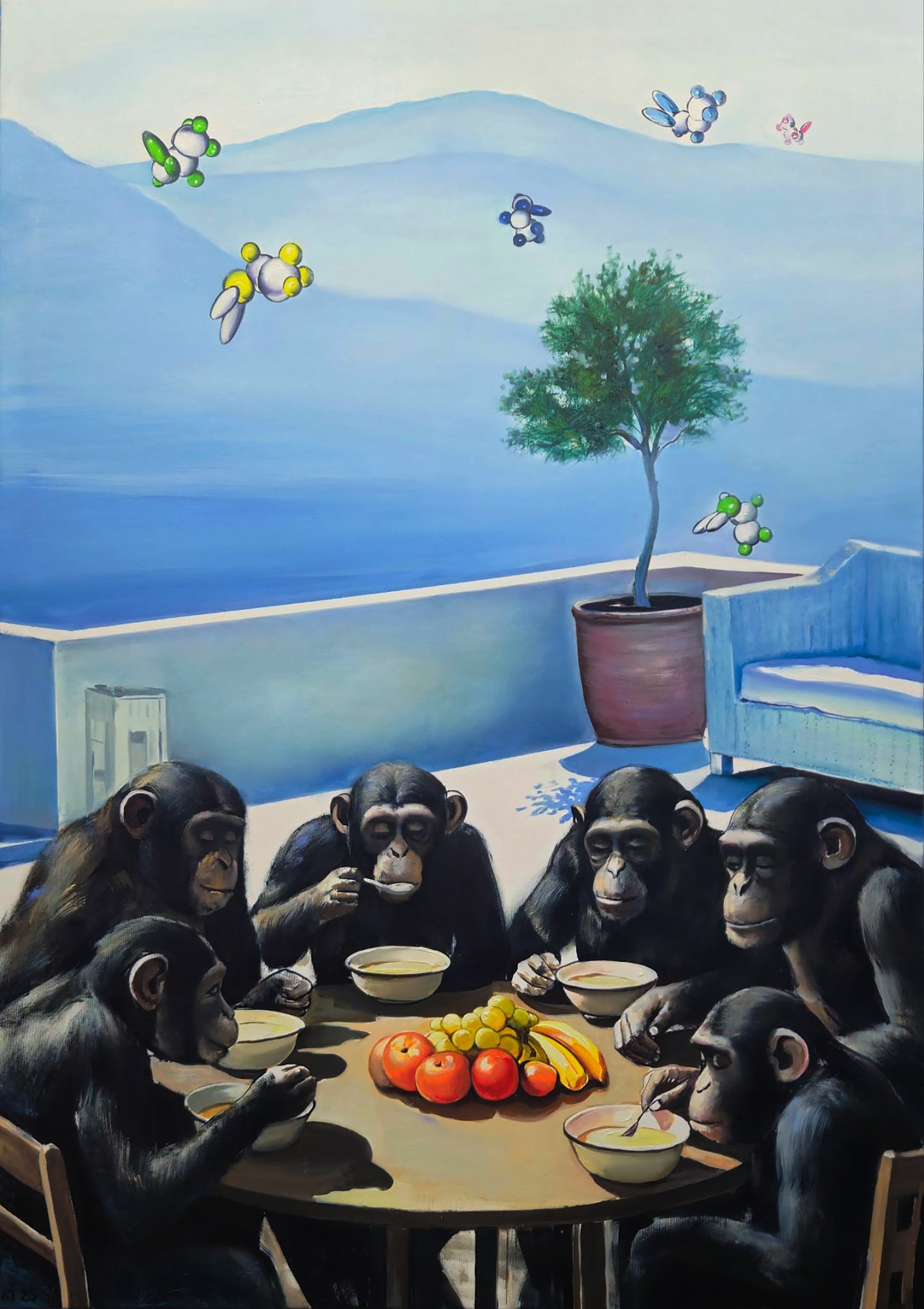 Painting of chimpanzees around a table with fruit, set against a blue landscape.